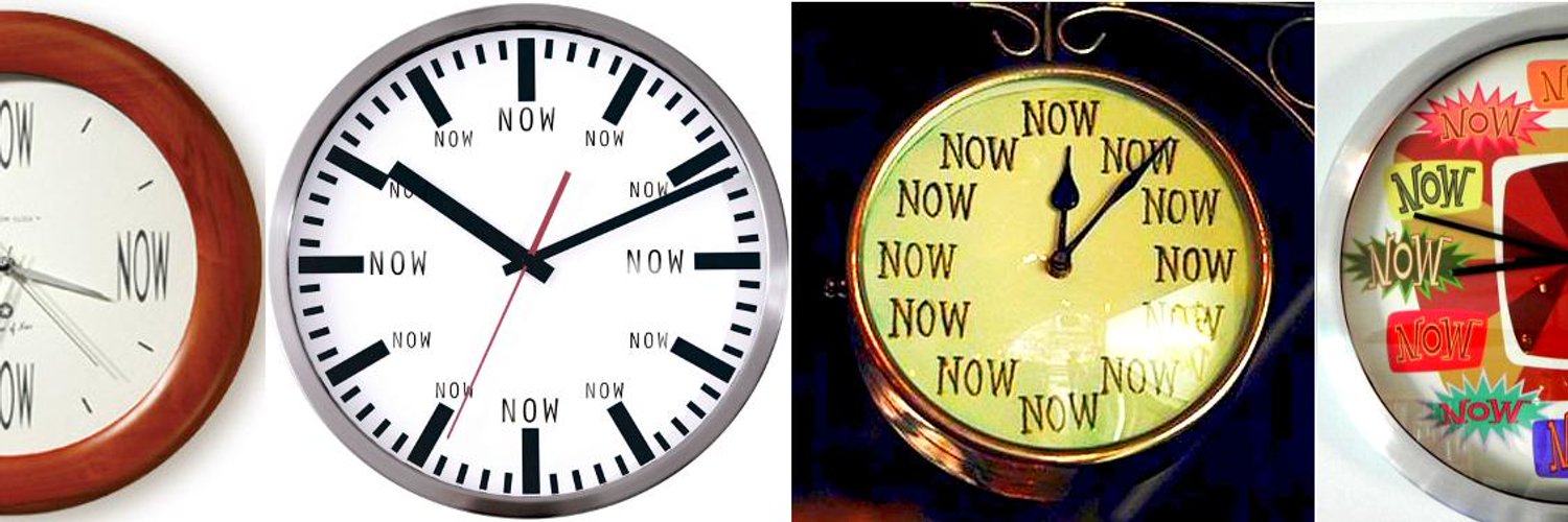 A picture of a number of clock faces, all of which repeatedly depict the word &ldquo;now&rdquo;
